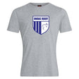 OMBAC Rugby Club Crest Plain Tee by Canterbury in gray, showcasing a blue and white "OMBAC Rugby" logo on the chest and constructed from a high-quality cotton-heavy blend for enduring comfort, brought to you by WRS Canterbury.