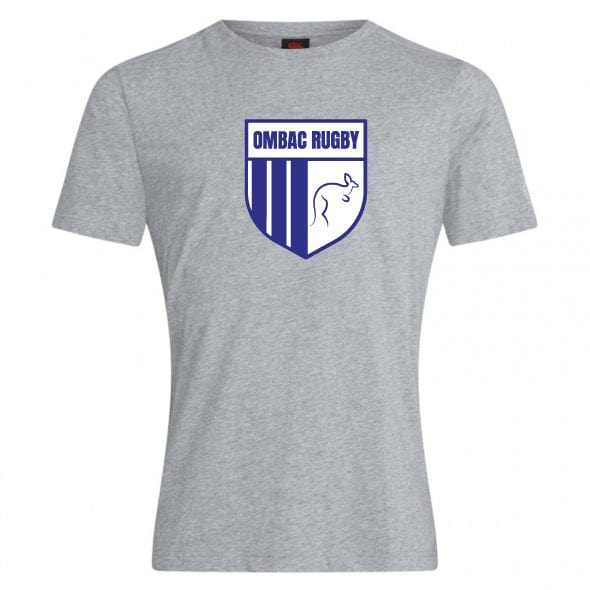 OMBAC Rugby Club Crest Plain Tee by Canterbury in gray, showcasing a blue and white "OMBAC Rugby" logo on the chest and constructed from a high-quality cotton-heavy blend for enduring comfort, brought to you by WRS Canterbury.