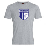 OMBAC Rugby Club Crest Plain Tee by Canterbury in gray, showcasing a blue and white "OMBAC Rugby" logo on the chest and constructed from a high-quality cotton-heavy blend for enduring comfort, brought to you by WRS Canterbury.