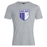 OMBAC Rugby Club Crest Plain Tee by Canterbury in gray, showcasing a blue and white "OMBAC Rugby" logo on the chest and constructed from a high-quality cotton-heavy blend for enduring comfort, brought to you by WRS Canterbury.