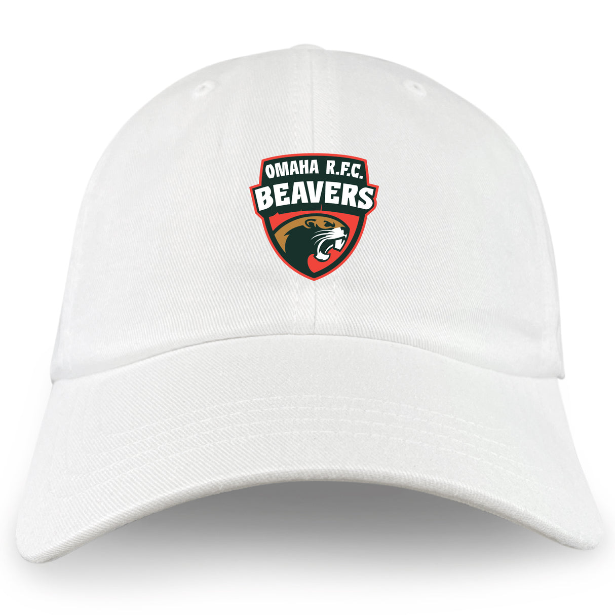 The Omaha Beavers RFC Adult Low-Profile Cotton Twill Dad Cap by EMB S&S Activewear features a white cotton twill build and the Omaha R.F.C. Beavers logo with red, black, and gold embroidered team branding.