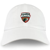 The Omaha Beavers RFC Adult Low-Profile Cotton Twill Dad Cap by EMB S&S Activewear features a white cotton twill build and the Omaha R.F.C. Beavers logo with red, black, and gold embroidered team branding.