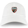 The Omaha Beavers RFC Adult Low-Profile Cotton Twill Dad Cap by EMB S&S Activewear features a white cotton twill build and the Omaha R.F.C. Beavers logo with red, black, and gold embroidered team branding.