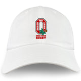 The Ohio State University Alumni Adult Low-Profile Cotton Twill Dad Cap by EMB S&S Activewear features embroidered "OSU Rugby 1966," the team logo, and a rugby ball graphic on the front.