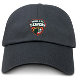 The EMB S&S Activewear Omaha Beavers RFC Adult Low-Profile Cotton Twill Dad Cap features a bold embroidered beaver head and team logo on black cotton twill.