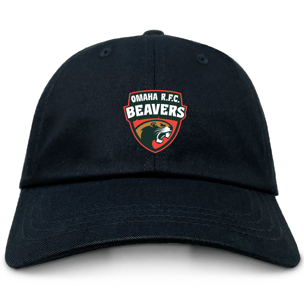 The EMB S&S Activewear Omaha Beavers RFC Adult Low-Profile Cotton Twill Dad Cap features team embroidery with a beaver head and shield logo on the front.