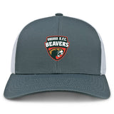 The Omaha Beavers RFC Retro Trucker Cap by EMB S&S Activewear features a gray and white design with a beaver logo and text embroidered on the front.
