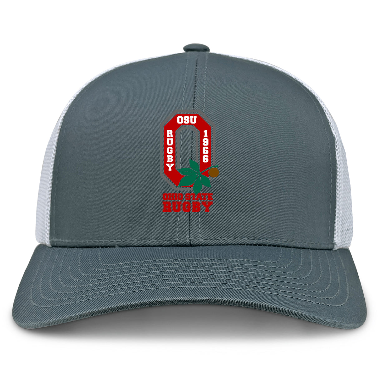 The EMB S&S Activewear Ohio State University Alumni Retro Trucker Cap is gray and white with an embroidered "OSU Rugby 1966" and "Ohio State Rugby" on the front, plus a snapback closure for adjustable comfort.