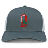 The EMB S&S Activewear Ohio State University Alumni Retro Trucker Cap is gray and white with an embroidered "OSU Rugby 1966" and "Ohio State Rugby" on the front, plus a snapback closure for adjustable comfort.