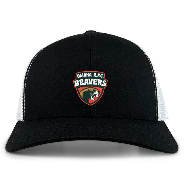 The Omaha Beavers RFC Retro Trucker Cap by EMB S&S Activewear is a black and white cap featuring the embroidered Omaha R.F.C. Beavers logo on the front and a snapback closure for comfort.