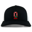 The Ohio State University Alumni Retro Trucker Cap by EMB S&S Activewear features a black and white design with "OSU Rugby 1966 Ohio State Rugby" and a buckeye leaf embroidered on the front, plus an adjustable snapback for comfort.