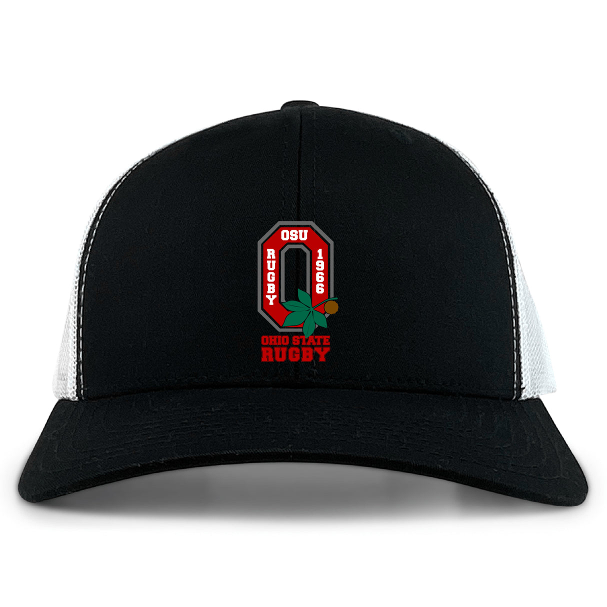 The Ohio State University Alumni Retro Trucker Cap by EMB S&S Activewear features a black and white design with "OSU Rugby 1966 Ohio State Rugby" and a buckeye leaf embroidered on the front, plus an adjustable snapback for comfort.