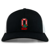The Ohio State University Alumni Retro Trucker Cap by EMB S&S Activewear features a black and white design with "OSU Rugby 1966 Ohio State Rugby" and a buckeye leaf embroidered on the front, plus an adjustable snapback for comfort.