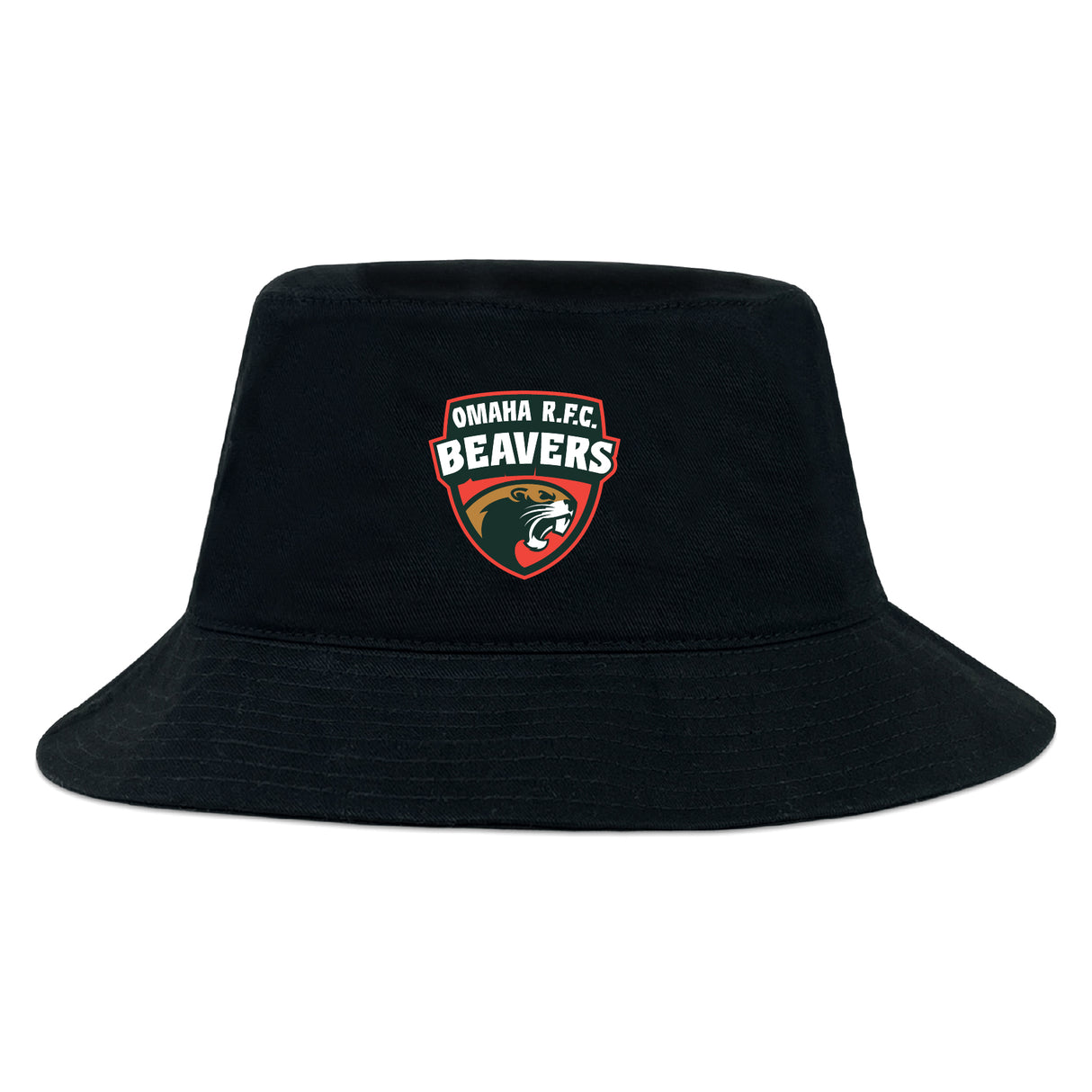 The Omaha Beavers RFC Crusher Bucket Cap by EMB S&S Activewear is a black cotton hat featuring the team's beaver graphic logo on the front—ideal sun protection for Omaha Beavers fans.