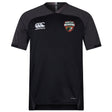 The Omaha Beavers RFC Vapodri Evader Jersey by EMB Canterbury is a black, short-sleeve rugby jersey with moisture-wicking tech, featuring the Canterbury logo on the right chest and an "Omaha F.C. Beavers" badge on the left.