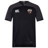 The Omaha Beavers RFC Vapodri Evader Jersey by EMB Canterbury is a black, short-sleeve rugby jersey with moisture-wicking tech, featuring the Canterbury logo on the right chest and an "Omaha F.C. Beavers" badge on the left.