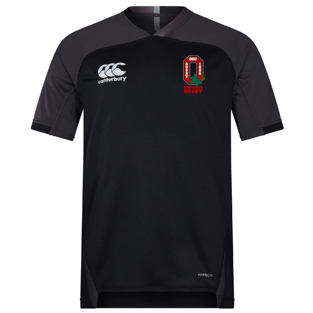 The EMB Canterbury Ohio State University Alumni Vapodri Evader Jersey features black short sleeves, dark grey shoulders, moisture-wicking fabric, a Canterbury logo on the right chest, and a red OU Rugby crest on the left chest.