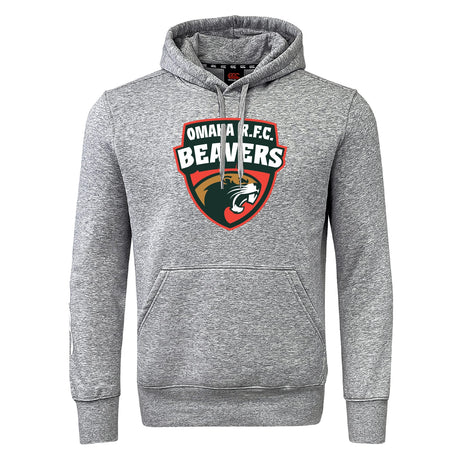 The Omaha Beavers RFC Club Hoodie by WRS Canterbury is a gray hoodie with a front pocket and a bold "Omaha R.F.C. Beavers" chest logo.