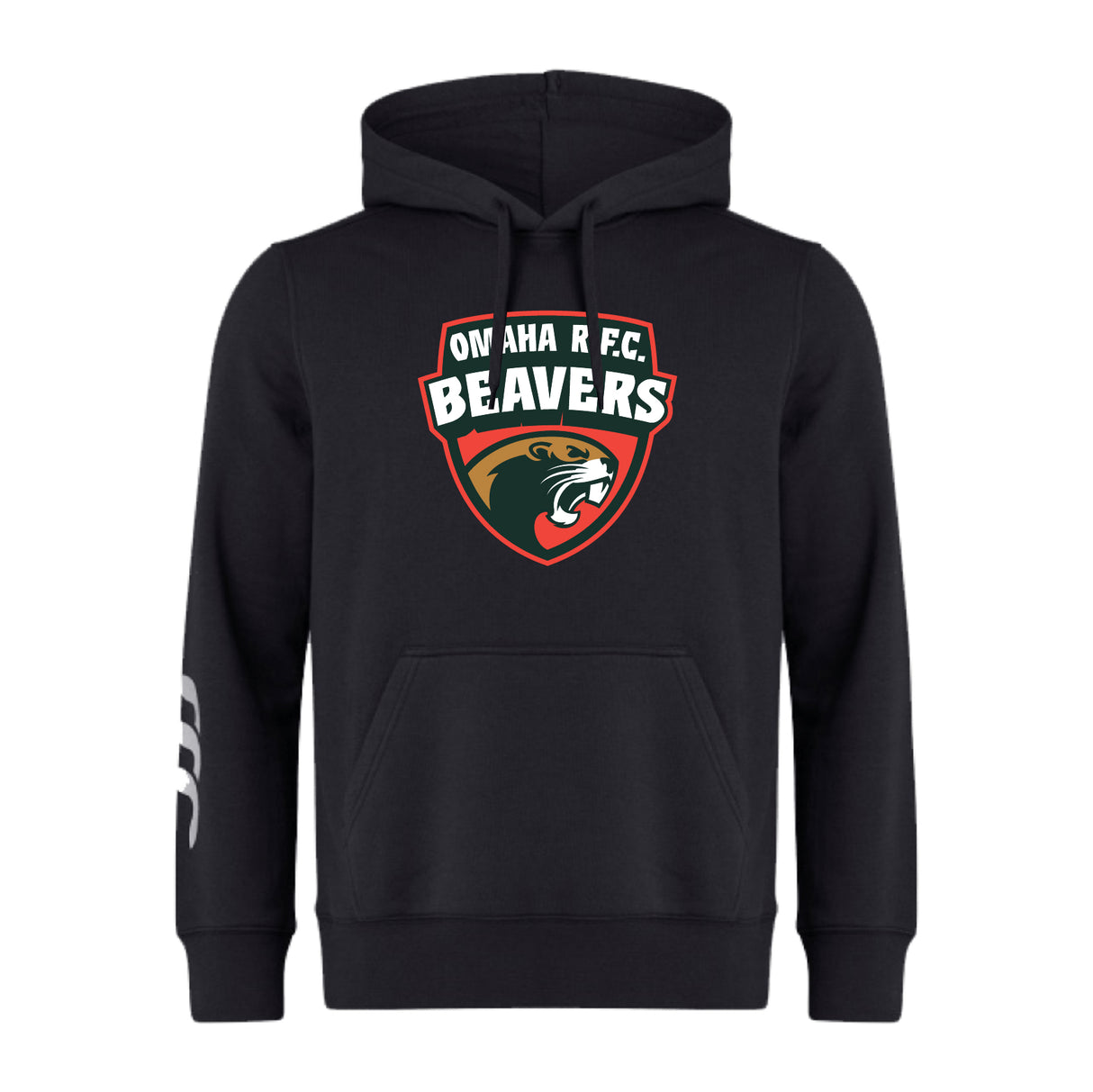 The Omaha Beavers RFC Club Hoodie by WRS Canterbury features a front pocket, "OMAHA R.F.C. BEAVERS" logo with beaver graphic on the chest, and white stripes on the left sleeve. Ideal team hoodie for fans or players.