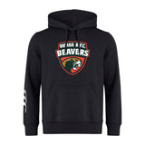 The Omaha Beavers RFC Club Hoodie by WRS Canterbury features a front pocket, "OMAHA R.F.C. BEAVERS" logo with beaver graphic on the chest, and white stripes on the left sleeve. Ideal team hoodie for fans or players.