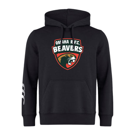 The Omaha Beavers RFC Club Hoodie by WRS Canterbury features a front pocket, "OMAHA R.F.C. BEAVERS" logo with beaver graphic on the chest, and white stripes on the left sleeve. Ideal team hoodie for fans or players.