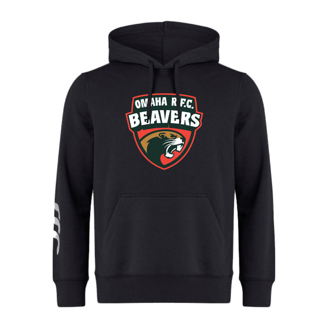 The Omaha Beavers RFC Club Hoodie by WRS Canterbury features a front pocket, "OMAHA R.F.C. BEAVERS" logo with beaver graphic on the chest, and white stripes on the left sleeve. Ideal team hoodie for fans or players.