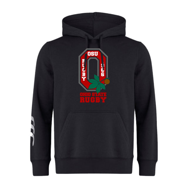 The Ohio State University Alumni Club Hoodie by WRS Canterbury features a large "O" with "OSU Rugby" text and a buckeye leaf graphic on the front, plus a white sleeve graphic.