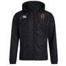The EMB Canterbury Ohio State University Alumni Club Vaposhield Full Zip Rain Jacket is a black hooded rain jacket with the Canterbury logo on the right chest and a red and green crest on the left, made with VapoShield water-resistant technology.