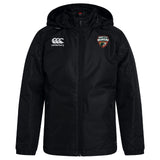 The Omaha Beavers RFC Club Vaposhield Full Zip Rain Jacket by EMB Canterbury features the Canterbury logo on the right chest and Beavers crest on the left. Water-resistant—ideal for wet weather training. Shown on a plain white background.