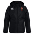 The EMB Canterbury Ohio State University Alumni Club Vaposhield Stadium Jacket features a black hood, zip front, the Canterbury logo on the right chest, and a red and green embroidered club emblem on the left chest.