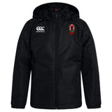 The EMB Canterbury Ohio State University Alumni Club Vaposhield Stadium Jacket features a black hood, zip front, the Canterbury logo on the right chest, and a red and green embroidered club emblem on the left chest.