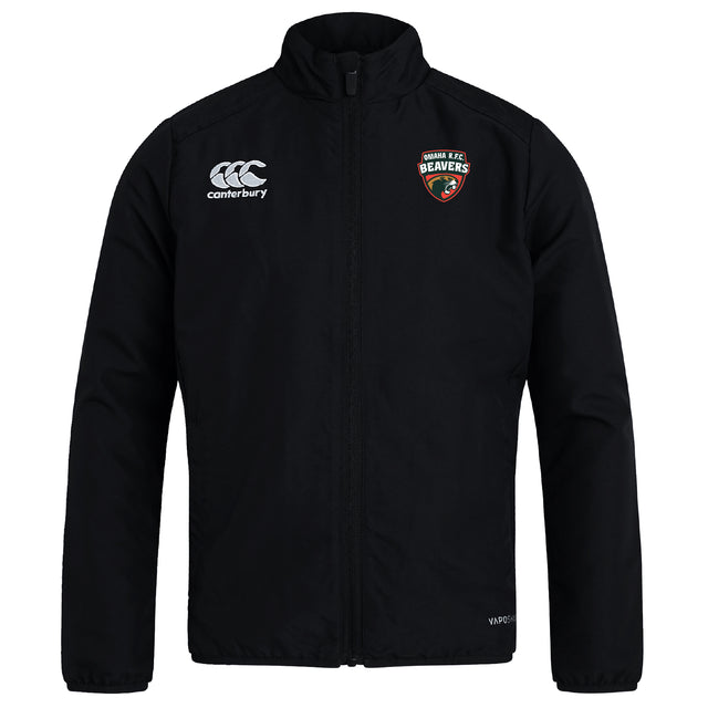 The Omaha Beavers RFC Club Track Jacket by EMB Canterbury features a black zip-up design, a white Canterbury logo on the right chest, and an OMAHA Rugby Beavers patch on the left—offering lightweight style and comfort for all fans.