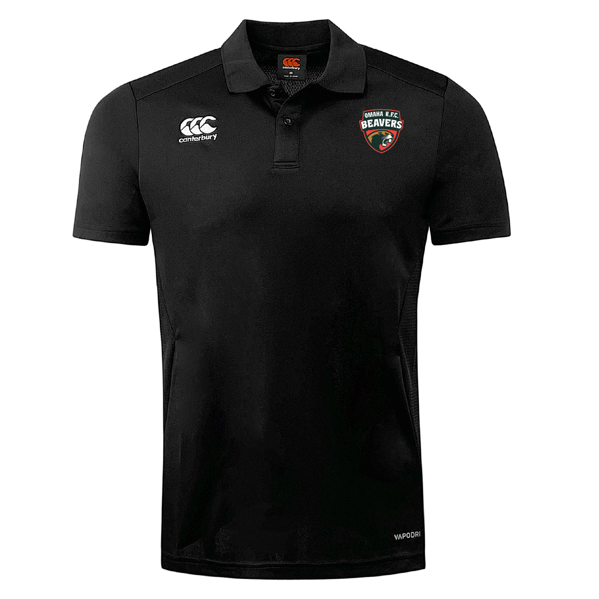 The Omaha Beavers RFC Club Dry Polo by EMB Canterbury is a black short-sleeve polo with collar, "BEAVERS" badge on left chest, Canterbury logo on right, and Vapodri Technology for breathable comfort.