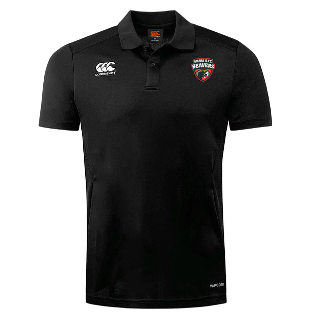 The Omaha Beavers RFC Club Dry Polo by EMB Canterbury is a black short-sleeve polo with collar, "BEAVERS" badge on left chest, Canterbury logo on right, and Vapodri Technology for breathable comfort.