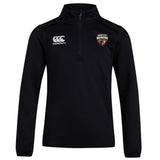 The EMB Canterbury Omaha Beavers RFC Club 1/4 Zip Mid Layer Training Top is a black pullover with the Canterbury logo on the right chest and a "Beavers" logo on the left—ideal for rugby training.