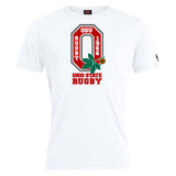 The Ohio State University Alumni Club Plain Tee by WRS Canterbury features a large red "O" logo with "OSU Rugby 1966," a buckeye leaf, and "Ohio State Rugby" text. This customizable cotton blend tee is perfect for fans and players.