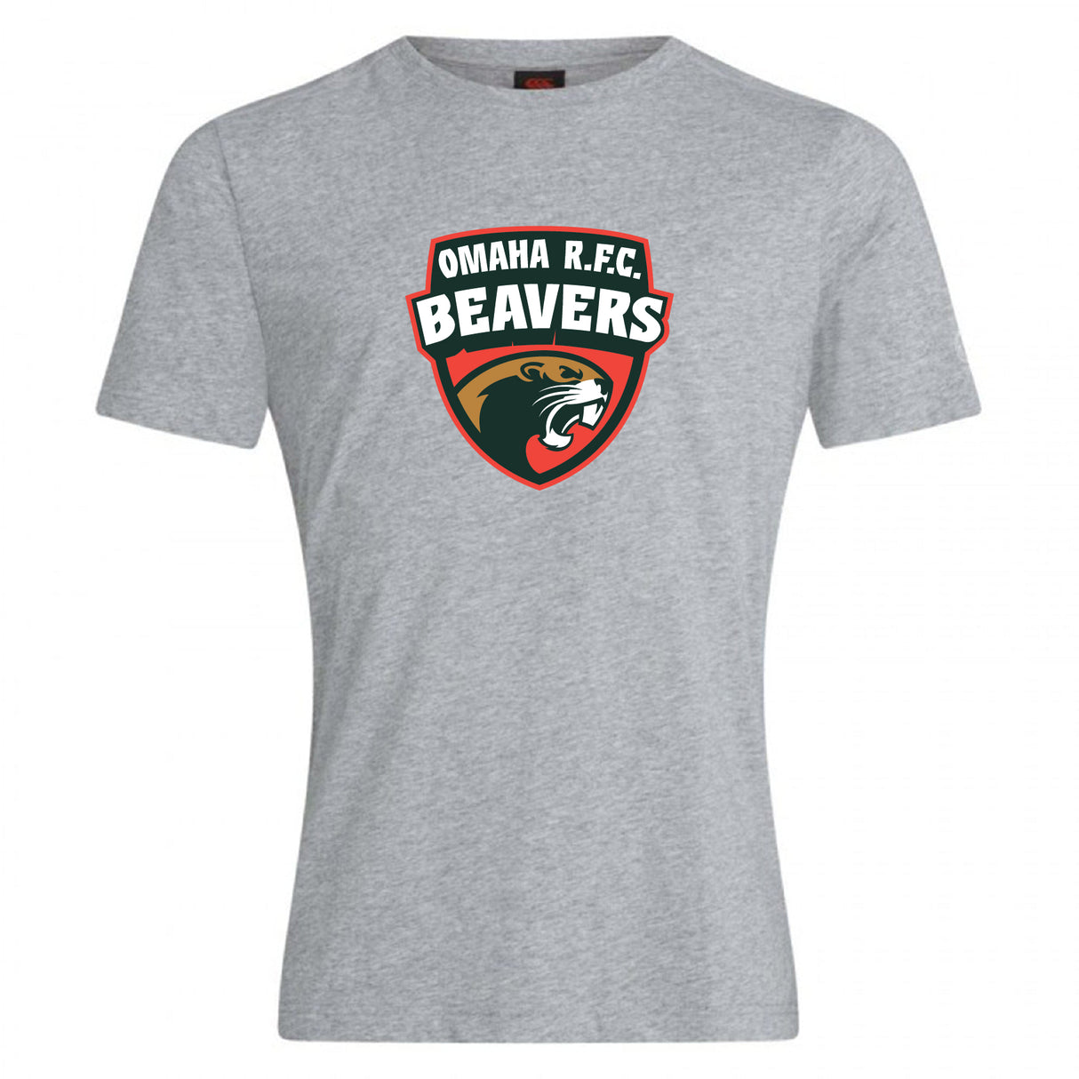The Omaha Beavers RFC Club Plain Tee by WRS Canterbury is a gray cotton blend shirt featuring the club’s stylized beaver head logo and bold chest text.