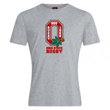The Ohio State University Alumni Club Plain Tee by WRS Canterbury is a gray cotton blend shirt featuring a red and white OSU Rugby 1966 logo, buckeye leaf, and "Ohio State Rugby" text on the front.