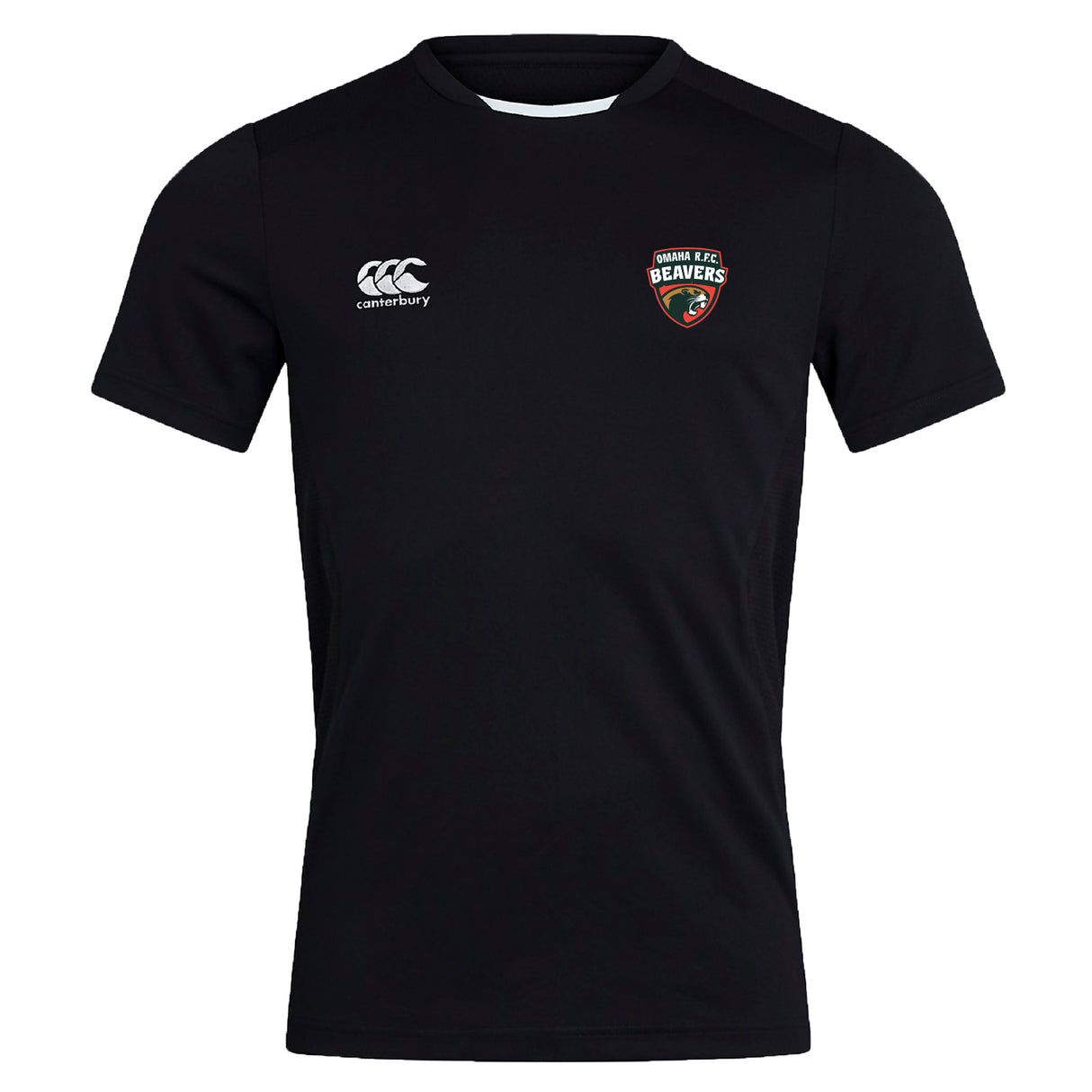 The Omaha Beavers RFC Club Dry Tee by EMB Canterbury is a black, breathable workout shirt featuring the Canterbury logo on the right chest and the Omaha Beavers logo on the left for comfort during any activity.