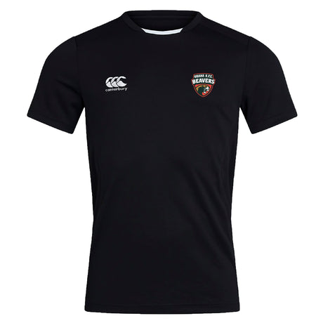 The Omaha Beavers RFC Club Dry Tee by EMB Canterbury is a black, breathable workout shirt featuring the Canterbury logo on the right chest and the Omaha Beavers logo on the left for comfort during any activity.