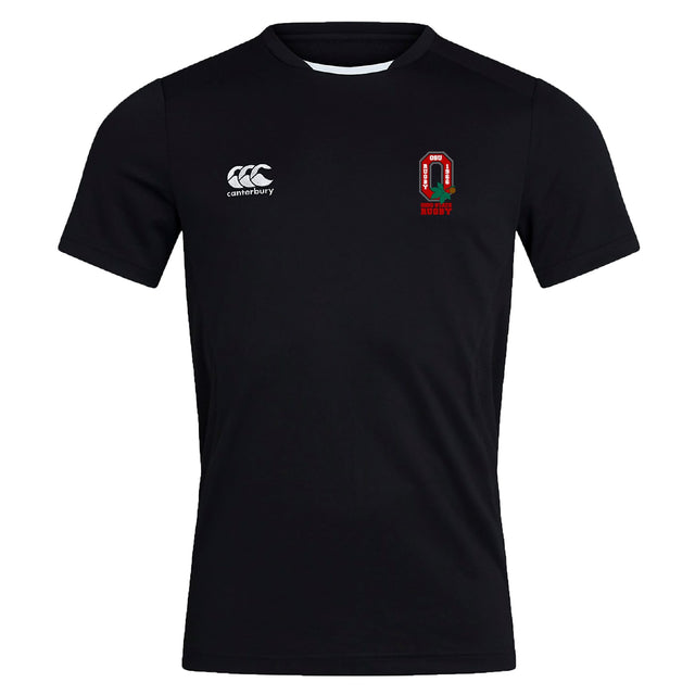 The Ohio State University Alumni Club Dry Tee by EMB Canterbury is a plain black short sleeve shirt with Vapodri Technology, a white Canterbury logo on the right chest, and a red and green embroidered crest on the left chest.