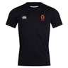 The Ohio State University Alumni Club Dry Tee by EMB Canterbury is a plain black short sleeve shirt with Vapodri Technology, a white Canterbury logo on the right chest, and a red and green embroidered crest on the left chest.