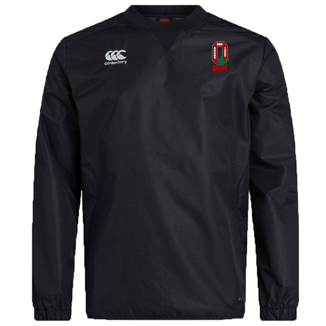 The Ohio State University Alumni Club Vaposhield Contact Top by EMB Canterbury is a black long-sleeve pullover with a right chest Canterbury logo, red and white embroidered emblem, and water-repellent Vaposhield technology—perfect rugby gear.
