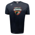 The Omaha Beavers RFC Tempo Vapodri T-Shirt by WRS Canterbury is a black, moisture-wicking sports tee featuring the team’s beaver logo and text on the front, plus Canterbury’s Vapodri logo on the right shoulder for better athletic performance.