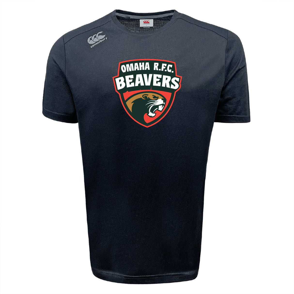 The Omaha Beavers RFC Tempo Vapodri T-Shirt by WRS Canterbury is a black, moisture-wicking sports tee featuring the team’s beaver logo and text on the front, plus Canterbury’s Vapodri logo on the right shoulder for better athletic performance.