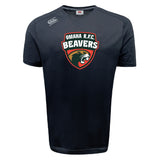 The Omaha Beavers RFC Tempo Vapodri T-Shirt by WRS Canterbury is a black, moisture-wicking sports tee featuring the team’s beaver logo and text on the front, plus Canterbury’s Vapodri logo on the right shoulder for better athletic performance.