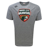 The Omaha Beavers RFC Tempo Vapodri T-Shirt by WRS Canterbury features a stylized beaver head logo on the front. This gray, moisture-wicking short-sleeve athletic shirt ensures comfort and style for any activity.