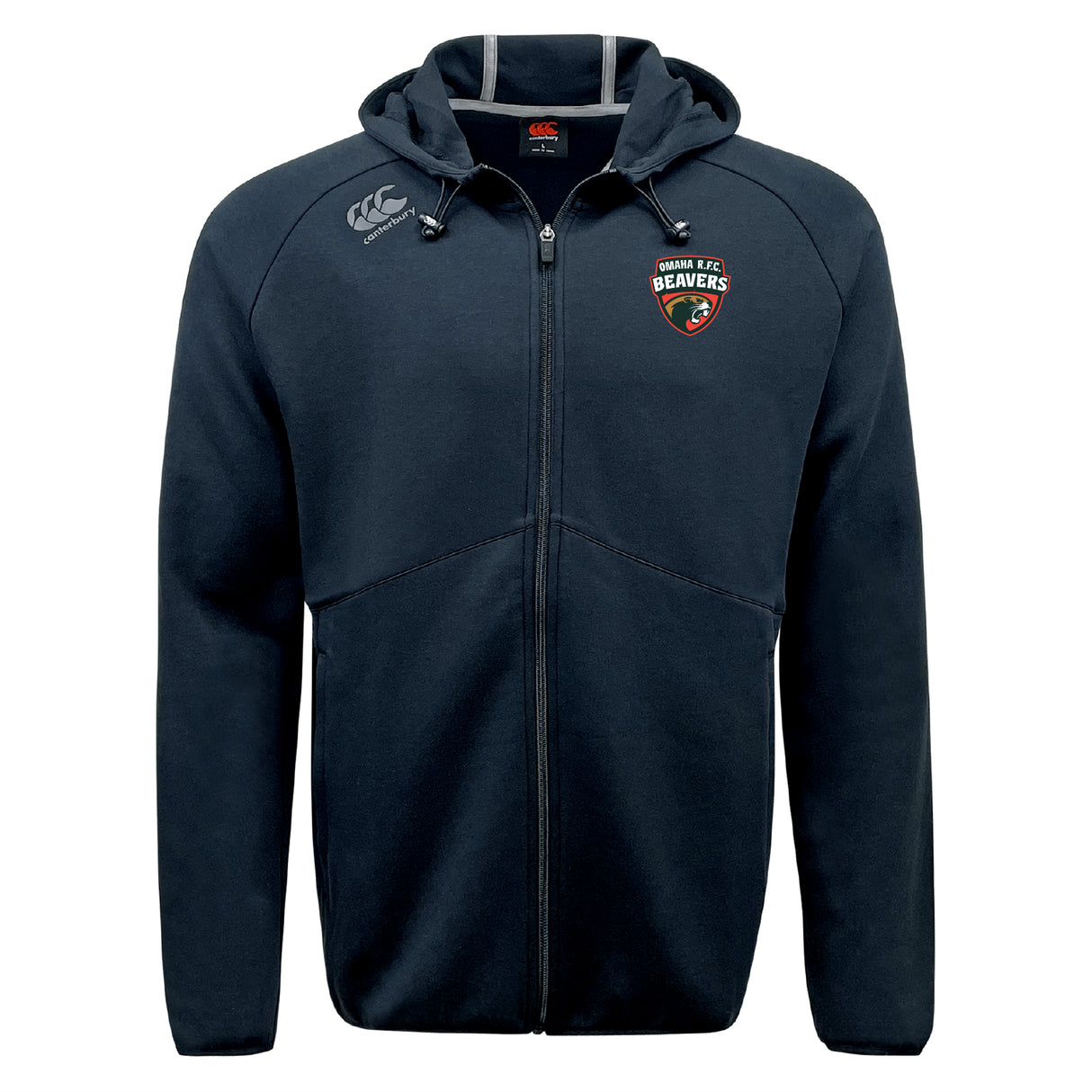 The Omaha Beavers RFC Tempo Vapodri Full-Zip Hoodie by EMB Canterbury features a left chest logo and right shoulder Canterbury mark. This black, moisture-wicking hoodie keeps you comfortable and stylish.