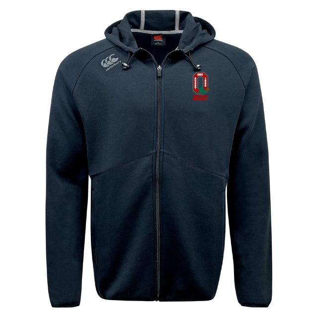 The Ohio State University Alumni Tempo Vapodri Full-Zip Hoodie by EMB Canterbury features a hood, Canterbury logo on the right shoulder, red and green patch on the left chest, and moisture-wicking fabric for comfort.