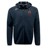 The Ohio State University Alumni Tempo Vapodri Full-Zip Hoodie by EMB Canterbury features a hood, Canterbury logo on the right shoulder, red and green patch on the left chest, and moisture-wicking fabric for comfort.